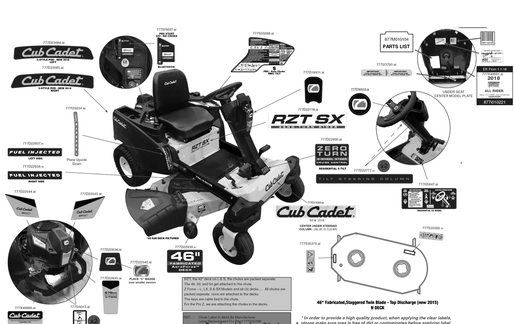 Label Map Diagram and Parts List for RZT-SX46EFI (17AWCBYN010)(2018) Cub Cadet Lawn Tractor